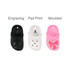Three Clog Shoe fridge magnets in black, white, and pink with a decorative bow. Each has a branding logo.