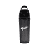 A drink bottle in black with a handle and a logo, featuring a sleek, contemporary design.