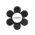 A black flower-shaped product with textured petals and a central logo. It features various raised patterns on each petal.