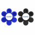 A novelty item featuring two flower-shaped pieces, one in blue and one in black, both with textured surfaces and a central logo.