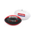 A mini Aussie rules ball in black and red, with one side featuring a logo and the other in white with branding.