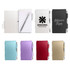An aluminium pocket notebook with a pen, available in various colours: white, black, purple, and red, featuring logos.