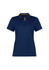 A navy blue women's short sleeve polo shirt with yellow accents and branding on the collar.