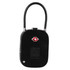 A black TSA lock with a metal shackle and a logo on the front.