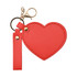 A heart-shaped compact mirror in bright red, featuring a keychain and a clasp for easy attachment.