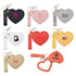 A collection of heart-shaped compact mirrors in various colours, featuring keychains and distinct logos.