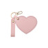 A pink heart-shaped compact mirror with a keychain attachment and a leather-like finish.