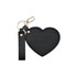 A heart-shaped black compact mirror with a keychain, featuring a gold clip and strap for easy attachment.