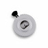 A drink bottle opener in white, featuring a circular design with a black lever and a small logo.