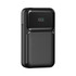 A black retractable cable power bank with a textured design and a digital battery percentage display.