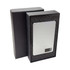 A power bank with a sleek silver finish, presented in a black packaging box.