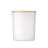 A white container with a wooden lid, featuring a smooth finish and cylindrical shape.
