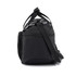 A black travel duffel bag featuring a zippered main compartment and a detachable shoulder strap, with some branding visible.