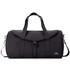 A black duffel bag with a flap, adjustable shoulder strap, and dual handles. It features a logo on the side.