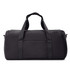 A black duffel bag with two handles and a front pocket, featuring a logo on the side.