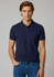 A navy blue men's short sleeve polo shirt with a collar, featuring a logo on the chest.
