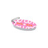A pink oval floating keychain with a white and orange design, featuring a chain for attaching.