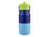 A drink bottle featuring a two-tone design in navy blue and light blue, topped with a bright green lid and a carrying handle.