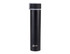 A drink bottle in a sleek black finish with a grey cap and a small logo on the bottom.