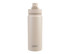 A drink bottle in beige with a quick release cap, featuring a logo on the side.