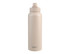 A drink bottle in a light beige colour with a quick release cap and a logo on the front.