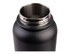 A drink bottle with a black matte finish and a stainless steel rim around the opening. Features a logo.