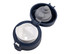 A drink bottle with a navy blue insulated body and a grey and white flip-top lid featuring two openings.