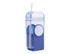 A drink bottle featuring a transparent body with a blue lid and straw. Includes a logo on the side.