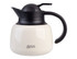 An insulated teapot in cream and black, featuring a strainer and a handle, with a logo on the front.