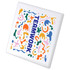 A square ceramic coaster featuring a vibrant, abstract design in multiple colours with the word "TEAMWORK."