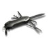 A black multi-function pocket knife featuring various tools including a knife, scissors, and a corkscrew.