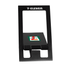A black foldable phone stand featuring a logo, designed for holding mobile devices securely.