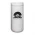 A drink bottle in white with a black logo, featuring a sleek vacuum design. Ideal for keeping beverages at temperature.