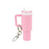 A pink mini tumbler keyring with a straw and a metal clip for attachment. Features a handle for easy gripping.