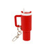 A red mini tumbler keyring with a white lid and straw, featuring a keychain attachment.