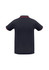 A short-sleeve polo shirt in navy blue with contrasting trim and a logo on the chest.