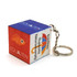 A UV printed twist cube keyring featuring red, blue, and white panels with an attached metal chain.