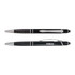 A black pen with chrome accents and a textured grip, featuring a stylus tip and a branding logo.