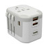 A travel adaptor in white with multiple plug types and USB ports. It features a logo on one side.