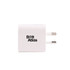 A white power adapter with two prongs and a logo on the front.