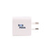 A white power adapter with two metal prongs and a logo on one side.