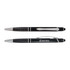 Two black pens with chrome accents, featuring textured grips and one with a logo.
