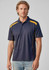 A navy blue men's short sleeve polo shirt with yellow accents and a logo.