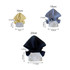 Three plush doll hoodies in yellow, grey, and navy, featuring a contrasting base colour and different sizes.