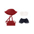 A red hat, white top, and denim shorts in a set for 15–17cm dolls. Includes a logo on the doll outfit.