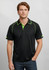 A black short sleeve polo shirt featuring green accents and a logo.