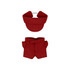 A red plush racing suit set for a 10cm doll, featuring a cap and shorts. Includes a logo on the attire.