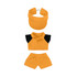 A plush doll racing suit set in bright yellow, including a visor, shirt with black sleeves, and matching shorts.