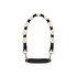 A drink bottle strap featuring a black background with woven white and yellow daisies and gold clips.