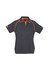 A women's short sleeve polo shirt in dark grey with orange accents, featuring a logo.